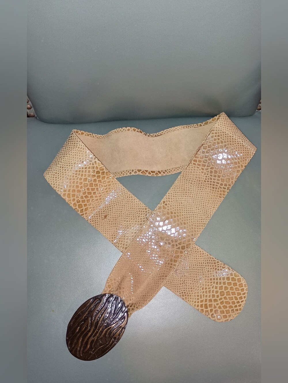Chico's Vintage Beige Textured Leather Statement Belt Brown Metal Buckle